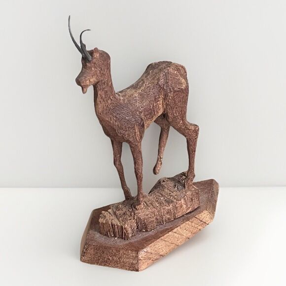 VTG Delicate Black Forest Goat Horns Hand Carved Wood Folk Figurine Signed DK